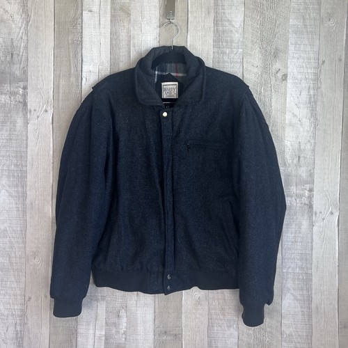 Hardy Amies, Vintage Hardy Amies Men Wool Bomber Jacket SZ-Large Black Full Zip Flannel Lined