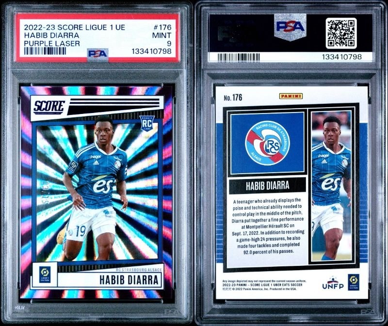 Habib Diarra 2022-23 Panini Score Ligue 1 Rookie RC Purple Laser 15 PSA 9 view 3