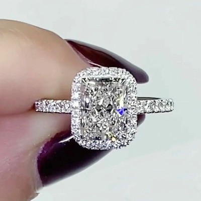 14K White Gold Plated 3CT Radiant Cut VVS1 Moissanite Engagement Ring Women's