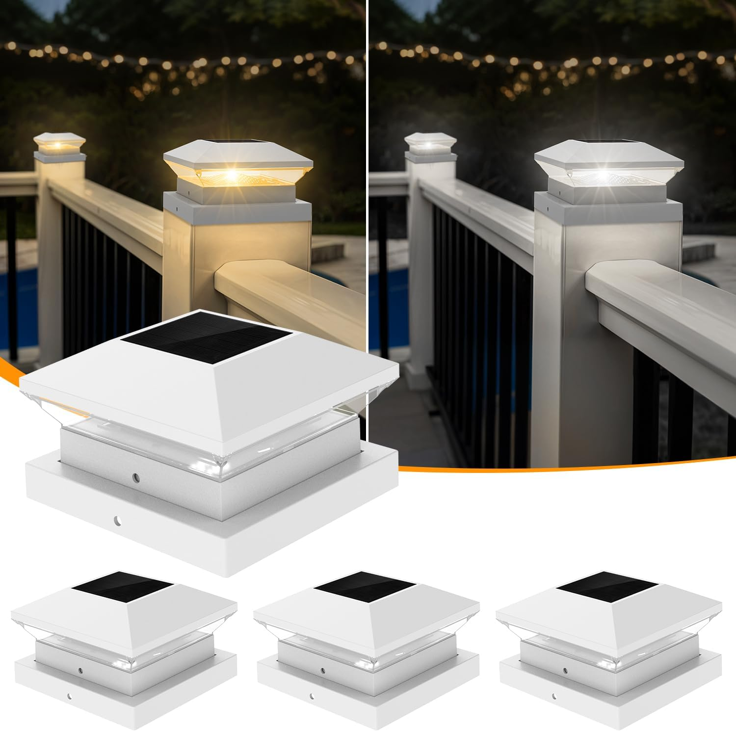 Solar Post Lights, Outdoor Cap Lights Warm/Cool White Solar Light Dusk Till Dawn