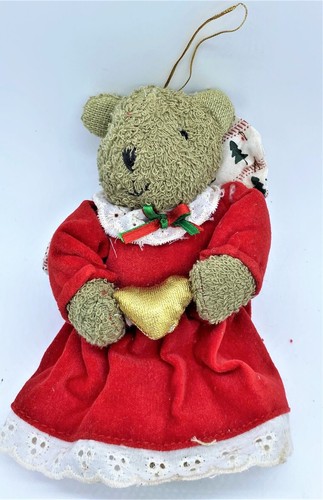 Vintage Christmas Ornament PLUSH TEDDY BEAR in Red Christmas Dress and Gold Heat - Picture 3 of 6