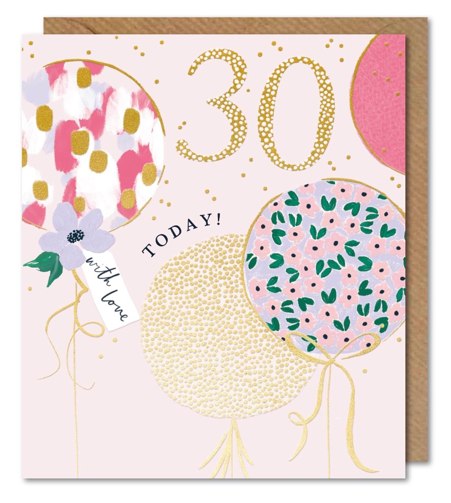 Happy 30th Birthday Card Balloons Floral - Pretty Gold Foil Greeting Card