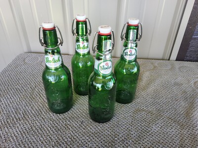 4 Vintage Grolsch Beer Bottles Green Glass Porcelain Flip Swing Top w/Seals
