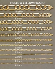 Genuine 18K Yellow Gold Filled Italian Figaro Chain Necklace, Many Width/Length