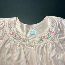 Vintage Merville Pink House Dress Nightgown M Robe S/S Nylon Embroidered Floral