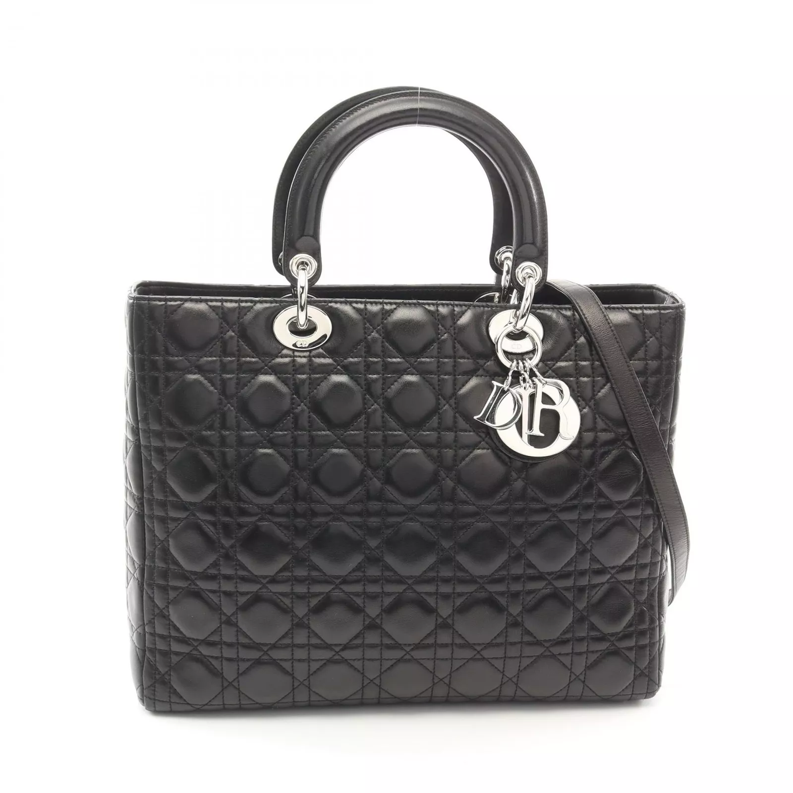 Grand sac à main bandoulière Dior Lady Dior 2 voies cuir noir occasion femme SHW