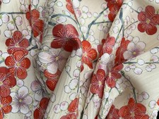 Vintage Japanese kimono silk fabric piece - Floral - Pink On Cream (AG)