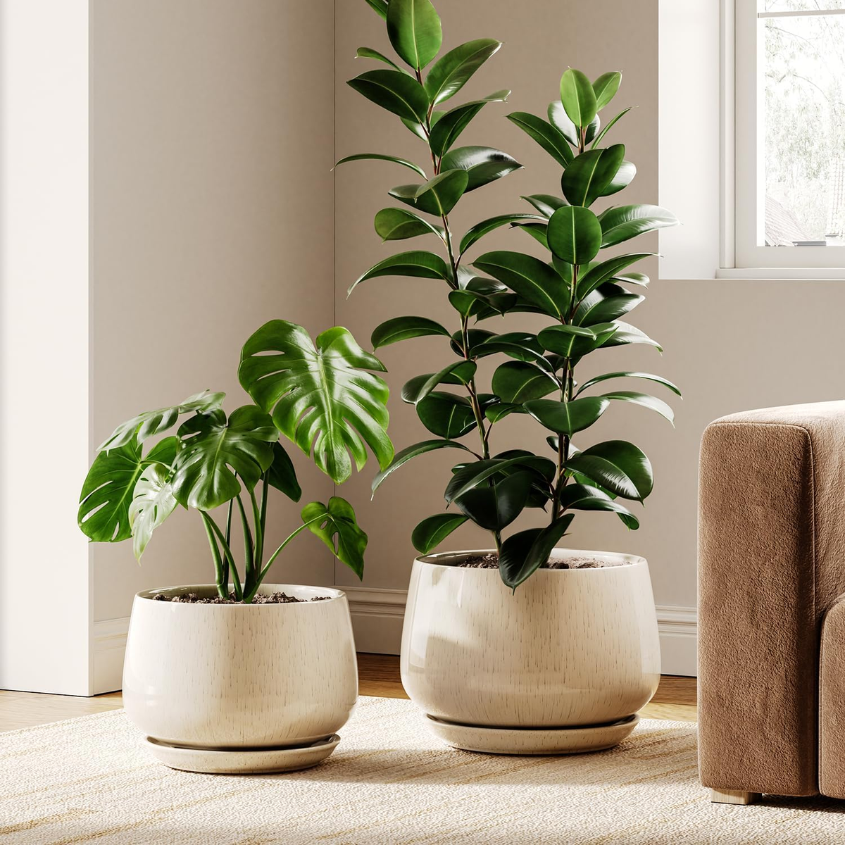 Elegant Ceramic Plant Pots Set of 2 with Drainage Tray - Beige 10" & 12