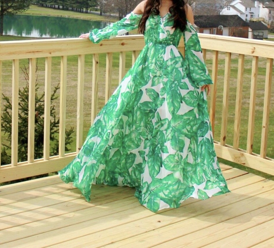 chinese dress ladies Green Palm Leaf Print Maxi Dress - Vacation Dresses main image 0
