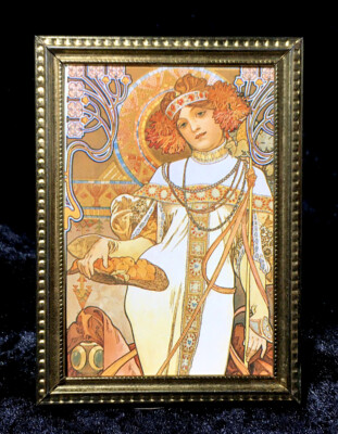 Alphonse Mucha Art Nouveau Metal Frame Woman Holding Bread Mini Print
