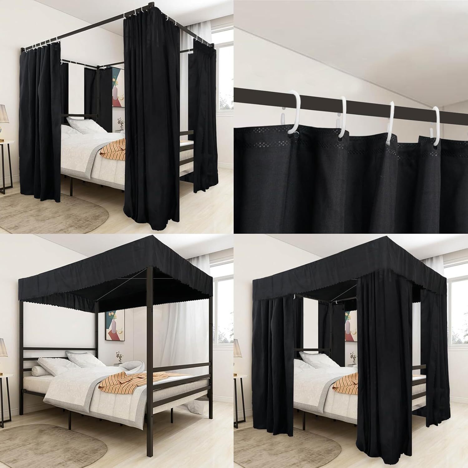 Black Queen Canopy Bed Curtains 90 Lightproof 4 Openings Durable Polyester