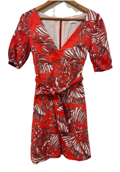 Kookai Ladies Dress Size 34 (AU 8) Red Tropical Linen Mini A-line Lined Party