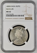1885 B India Rupee. S&W-6.85. NGC MS62. Raised B on Top. Silver.