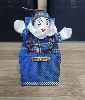 Vintage Harrods Tartan Jack in the Box Porzellan Clown Narr Pop Up Spielzeug in Schachtel