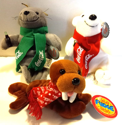 3 Coca-Cola Bean Bag Animals Holding a Coke Polar Bear, Walrus, and Seal NWT's