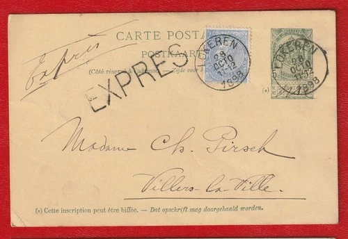 BELGIUM STATIONERY CARD (UPRATED FOR EXPRESS SERVICE) FROM LOKEREN to VILLINS