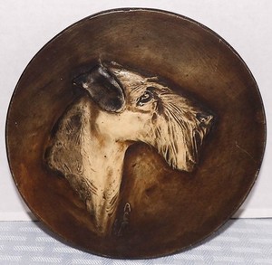 1940s Alice Cranston Fenner 5 1/2" Round "Sandy" Airedale Dog Chalkware Plaque