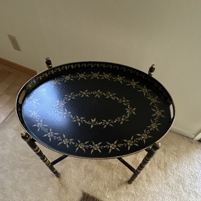 Black and Gold Floral Painted Oval Wood Foldable Tray Table Asian-Inspired