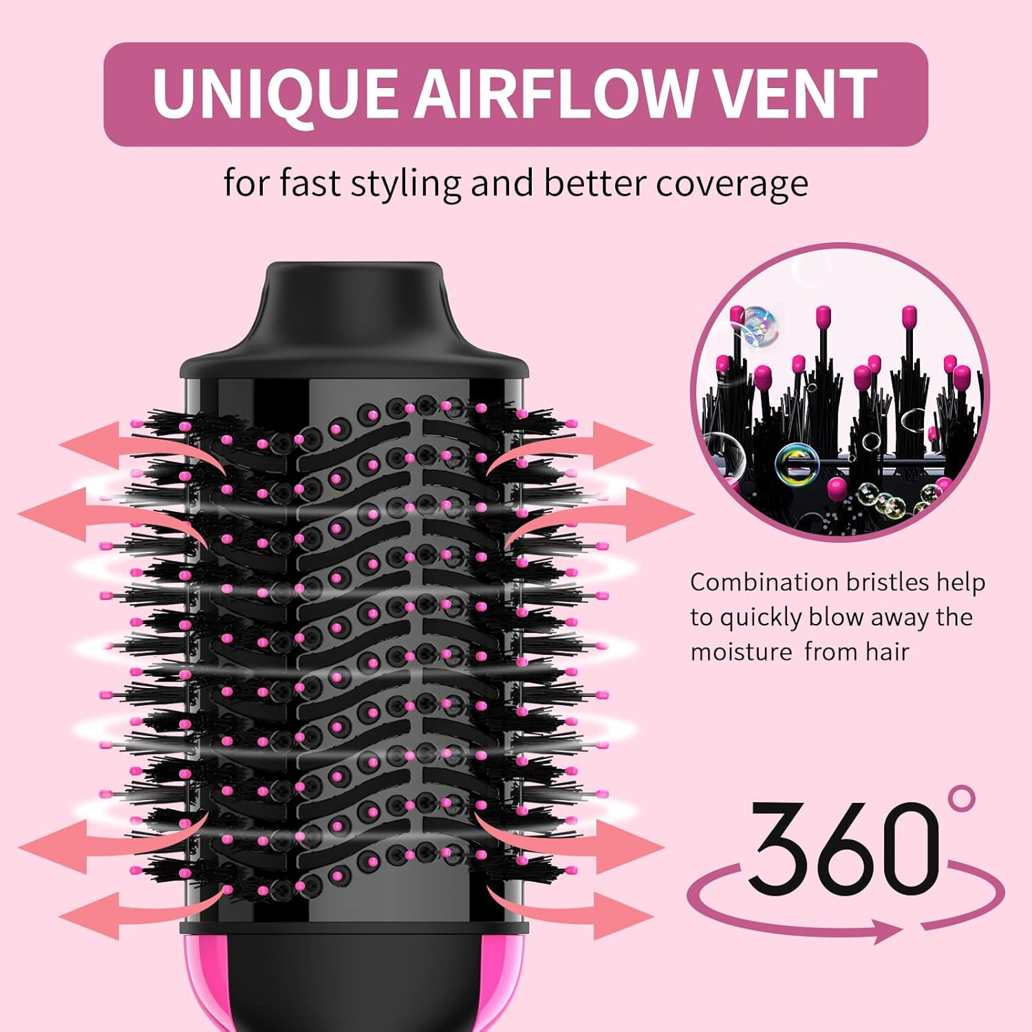 Dual Voltage Hair Dryer Brush with Negative Ion Anti-Frizz Styler - Hot Air Volu