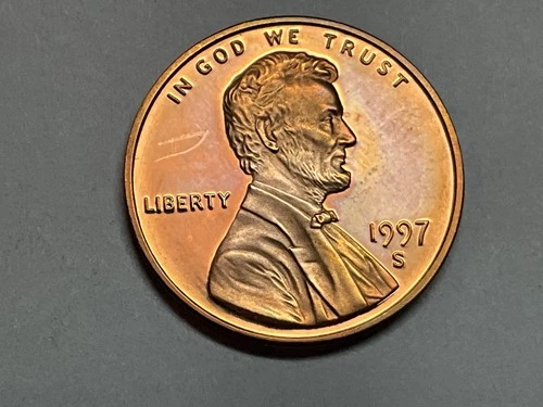1997 S Lincoln Cent Gem Proof Obverse Scuff #1