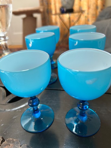 6 - MURANO ITALY Carlo Moretti Empoli Azure Cased Blue white wine stemmed glass