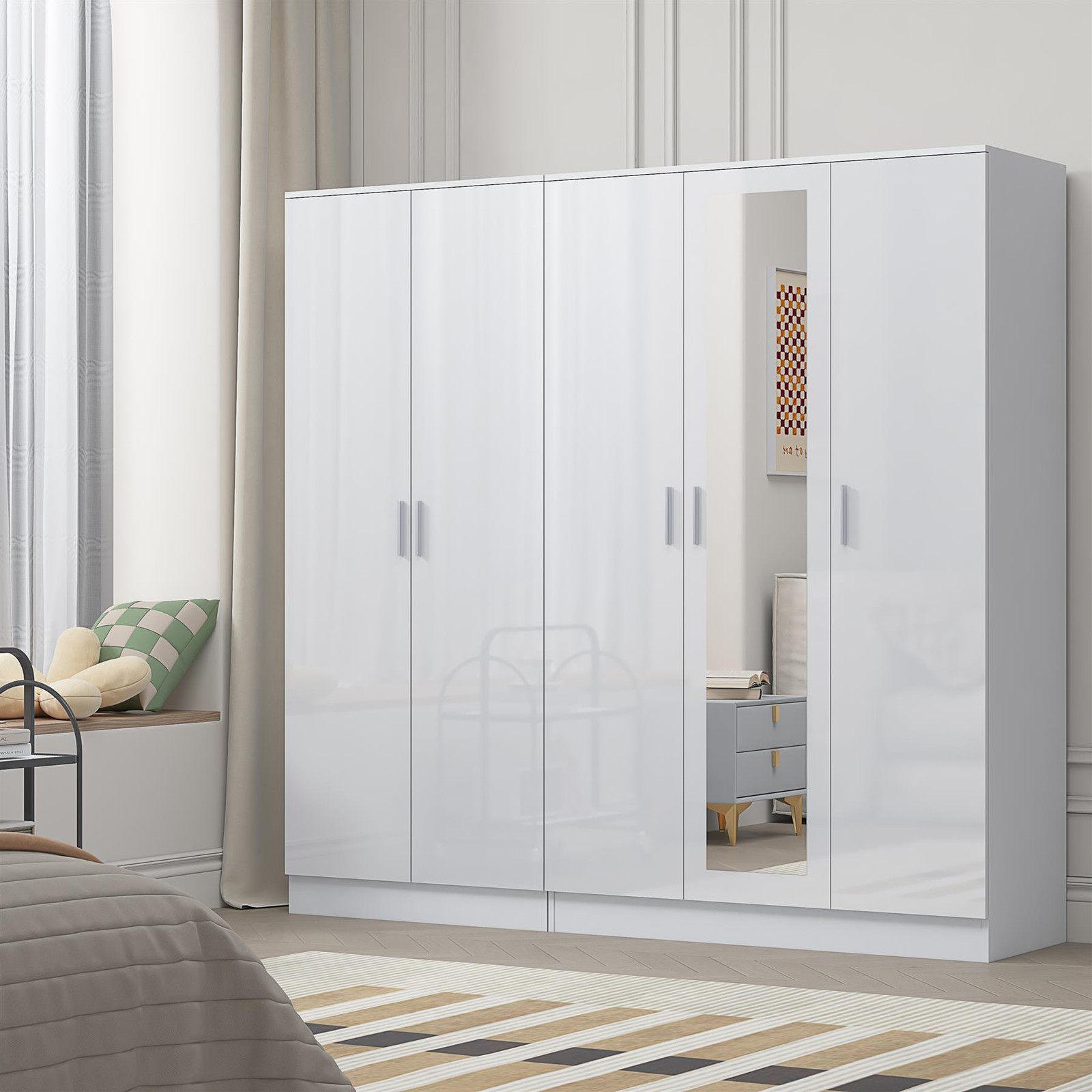 REFLECT Wardrobe Bundle: 3 Door Mirror & 2 Door Plain - White/White - Image 5