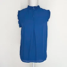 Max Studio Women's Blouse Blue Sleeveless Ruffle Key Hole Size M Preppy Minimal