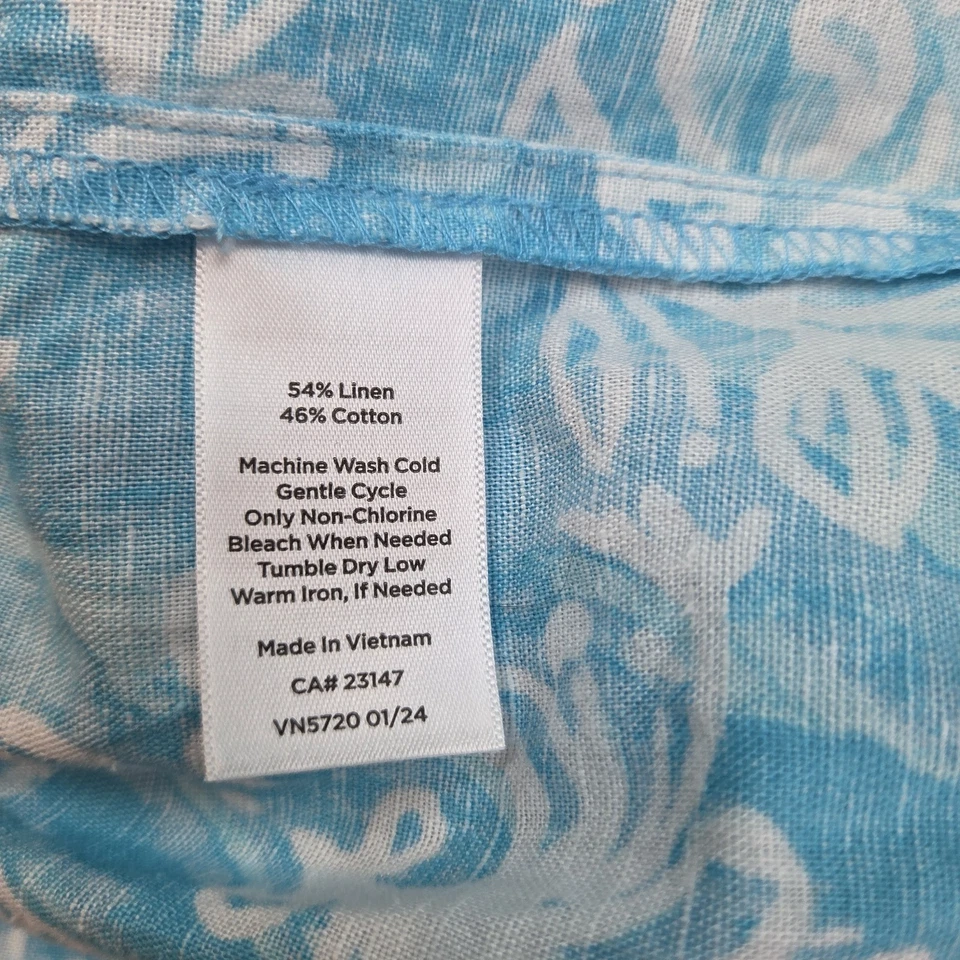 Vestido Camisa Talbots 6P Mezcla de Lino Azul Floral Tropical Manga 3/4 Botón Delantero Foto 4 de 4