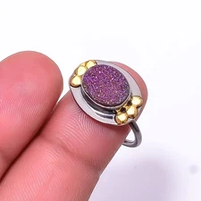 Purple Titanium Agate Drusy Black And Gold Plated 925 Silver Ring s.7.5 R35