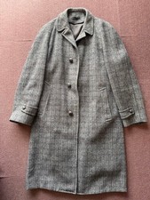HARRIS TWEED Balmacaan Long Coat Gray Check Plaid Pure Scottish Wool Men's 2F