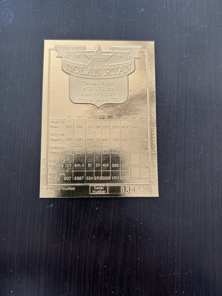 1994 Pro Mint Promint Nolan Ryan 22kt Gold Card With Coa Numbered. - Image 3 of 4