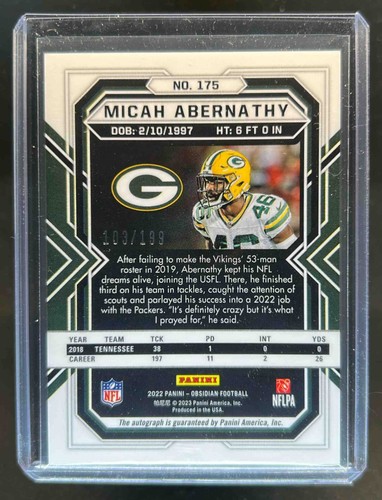 2022 Obsidian Micah Abernathy Rookie Autos RC Rookie #103/199 Packers - Picture 2 of 2