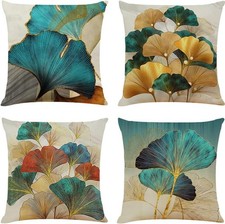 Teal Leaf Throw Pillow Covers 18x18 Inch Set of 4, Green and Yellow Classical...