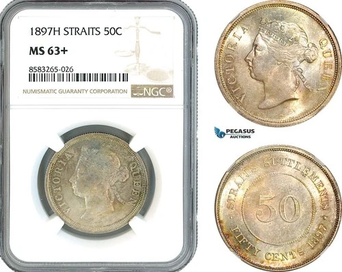 AL024, Straits Settlements, Victoria, 50 Cents 1897 H, NGC MS63+, Top Pop! Rare!