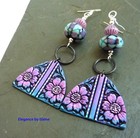 Pink Purple Flowers on Blue Statement Earrings Handmade Colorful Flowers Sterlin — photo 2