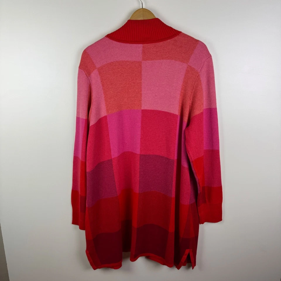Isaac Mizrahi Live! Plaid Colorblock Cardigan Size XL Pink Red Open Sweater Knit - Image 2 of 4
