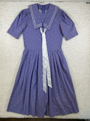 Vintage Laura Ashley Purple Polka Dot Sailor Collar Dress UK 10 US 8 Cottagecore