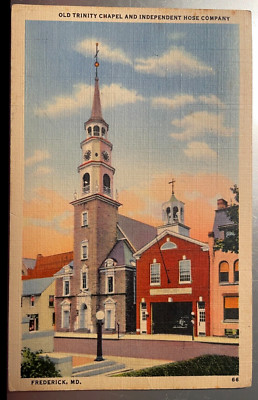 Vintage Postcard 1943 Old Trinity Chapel, Fire House, Frederick, Maryland