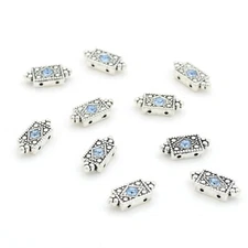 Silver Plated Metal Sliders Spacer Beads With Blue Swarovski Crystal 10 Pieces 