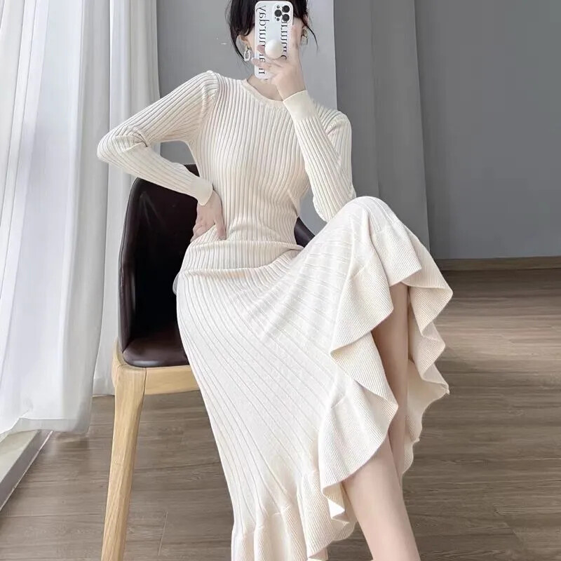 Slim Solid Long Sleeve Knitted Dress Women Sweater Elegant Long Dresses