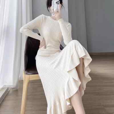 Slim Solid Long Sleeve Knitted Dress Women Sweater Elegant Long Dresses |  eBay