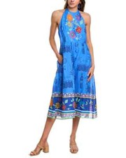 $340 JOHHNY WAS Zahar Tea Length Linen Dress M Niccola Blue Floral Halter Midi