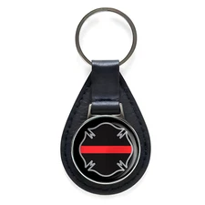 First Responder Thin Red Line Firefighter Cross Leather Keychain Silver Keyring