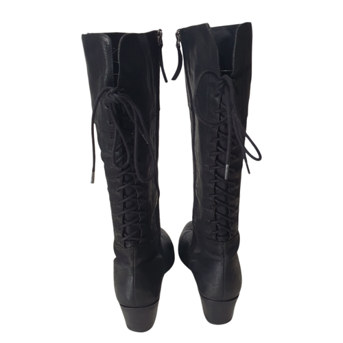 Wittner Size 42 Black Waxy Creased Leather Almond Toe Lace Up Back Knee Hi Boots - Picture 5 of 12