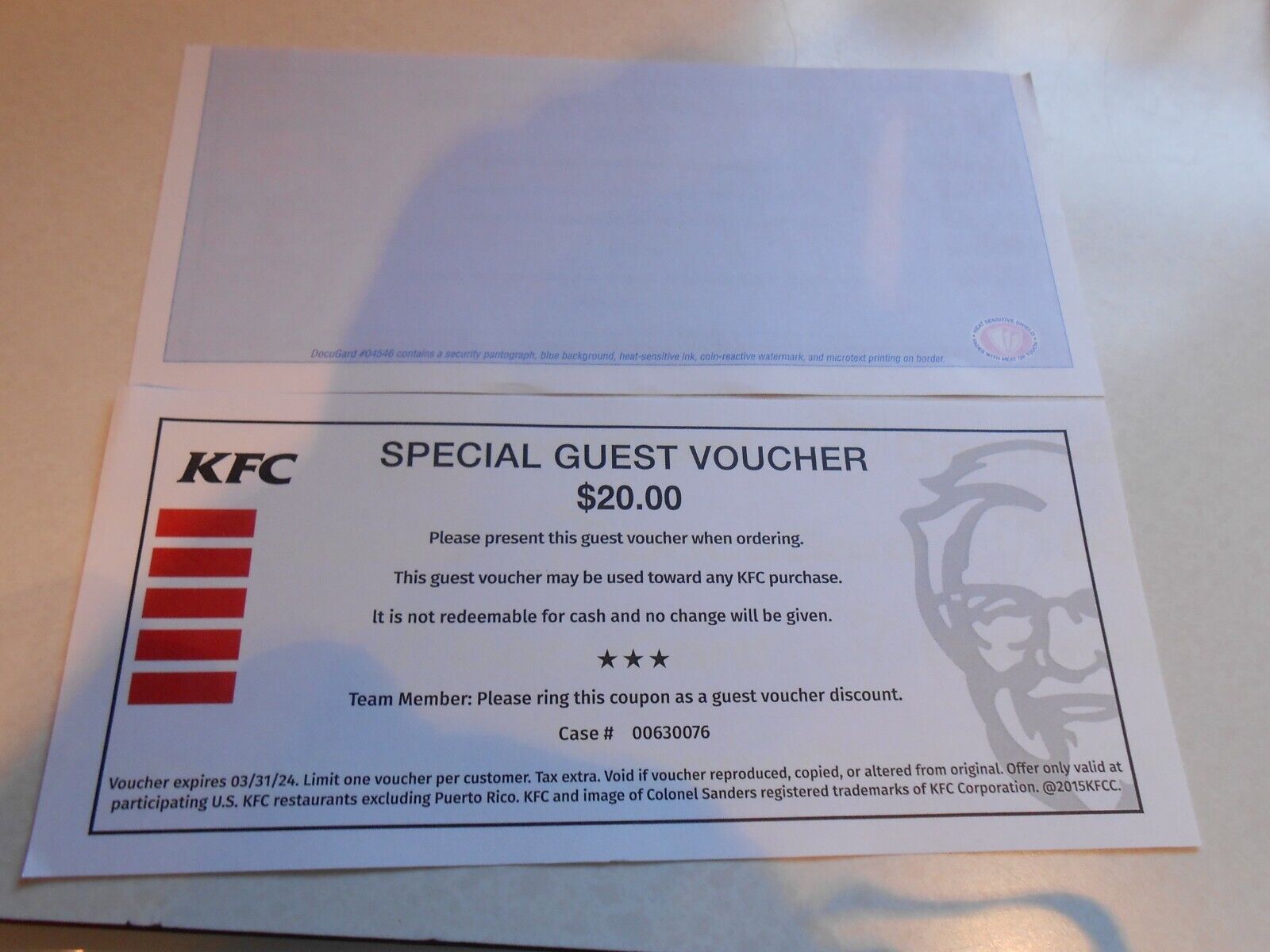 Lot of 5 KFC 20.00 Dollar Meal Certificates