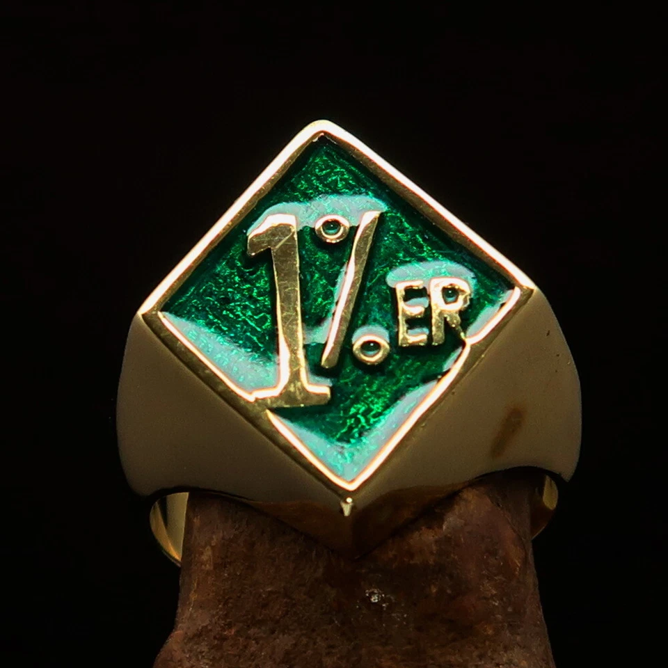 DIAMOND SHAPED MENS BRASS BIKER RING 1% ER ONE PERCENTER SYMBOL GREEN SIZE 11 - Image 2 of 4