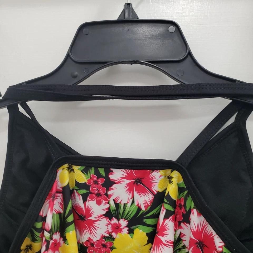 Bobbie Brooks Women's Black Multicolor Hibiscus Cross X-Back Tankini Swim Top L - Image 2 of 4