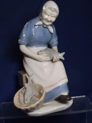 German GDR Porcelain S Crown Mark Lg 8 1/4 H Figurine Woman Fishmonger Excellent