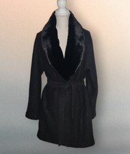 Christian Siriano L Large Women Black Coat Overcoat Wool Blend Faux Fur Belted
