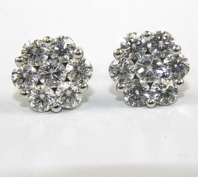 Round Diamond 7 Stone Cluster Stud Lady's Earrings 14K White Gold 2